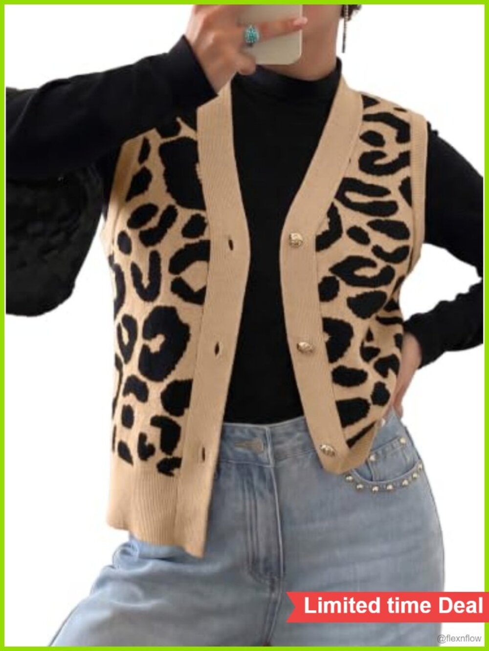Womens V Neck Cardigan Sweater Vest Button Up Leopard Print Sleeveless Knit